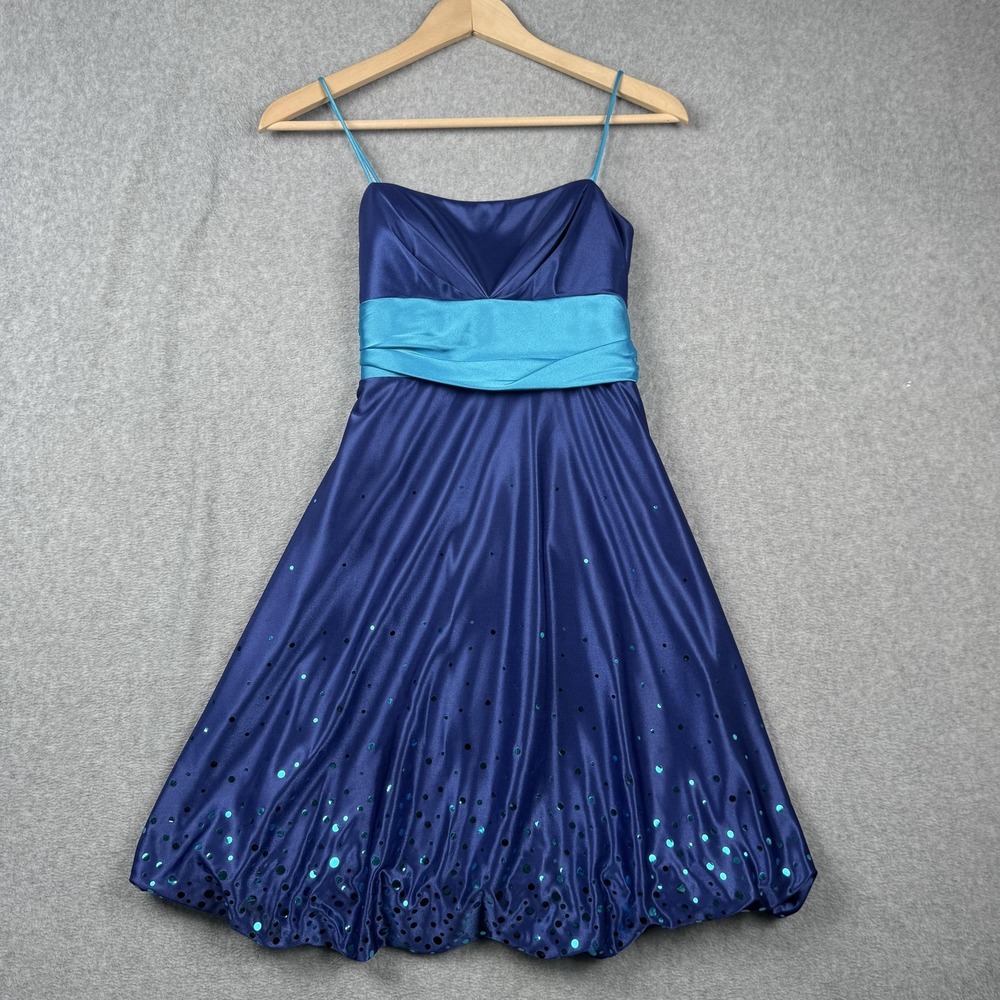 Vintage Jump Apparel Dress Womens 3/4 Blue Sequin Bubble Hem Y2K Prom Sash Fairy